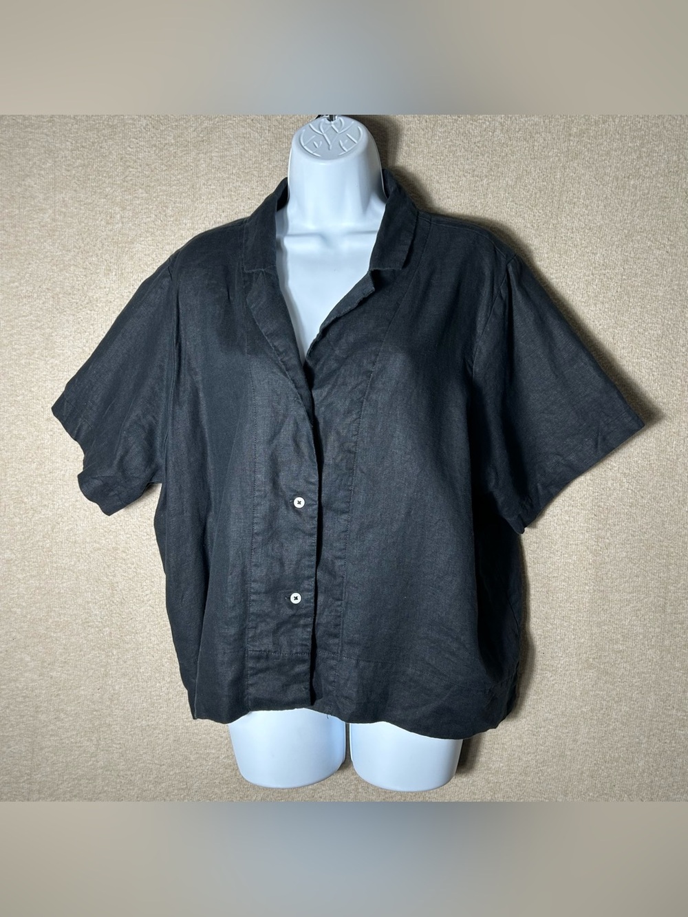 Quince European Linen Short Sleeve Shirt Womens‎ XL Black Boxy Breathable Beach